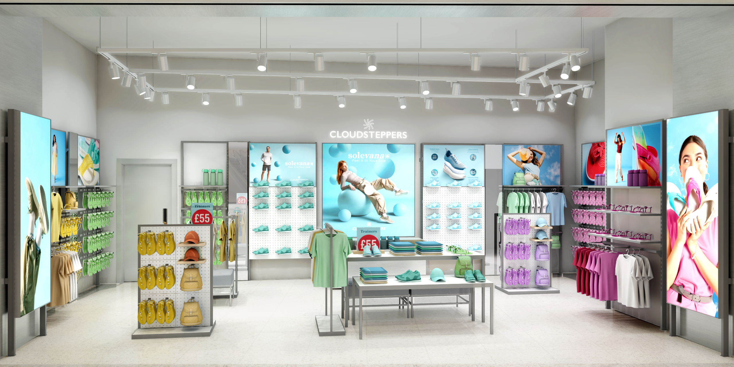 Frontal interior and fixture-density study for the Clarks Cloudsteppers retail concept