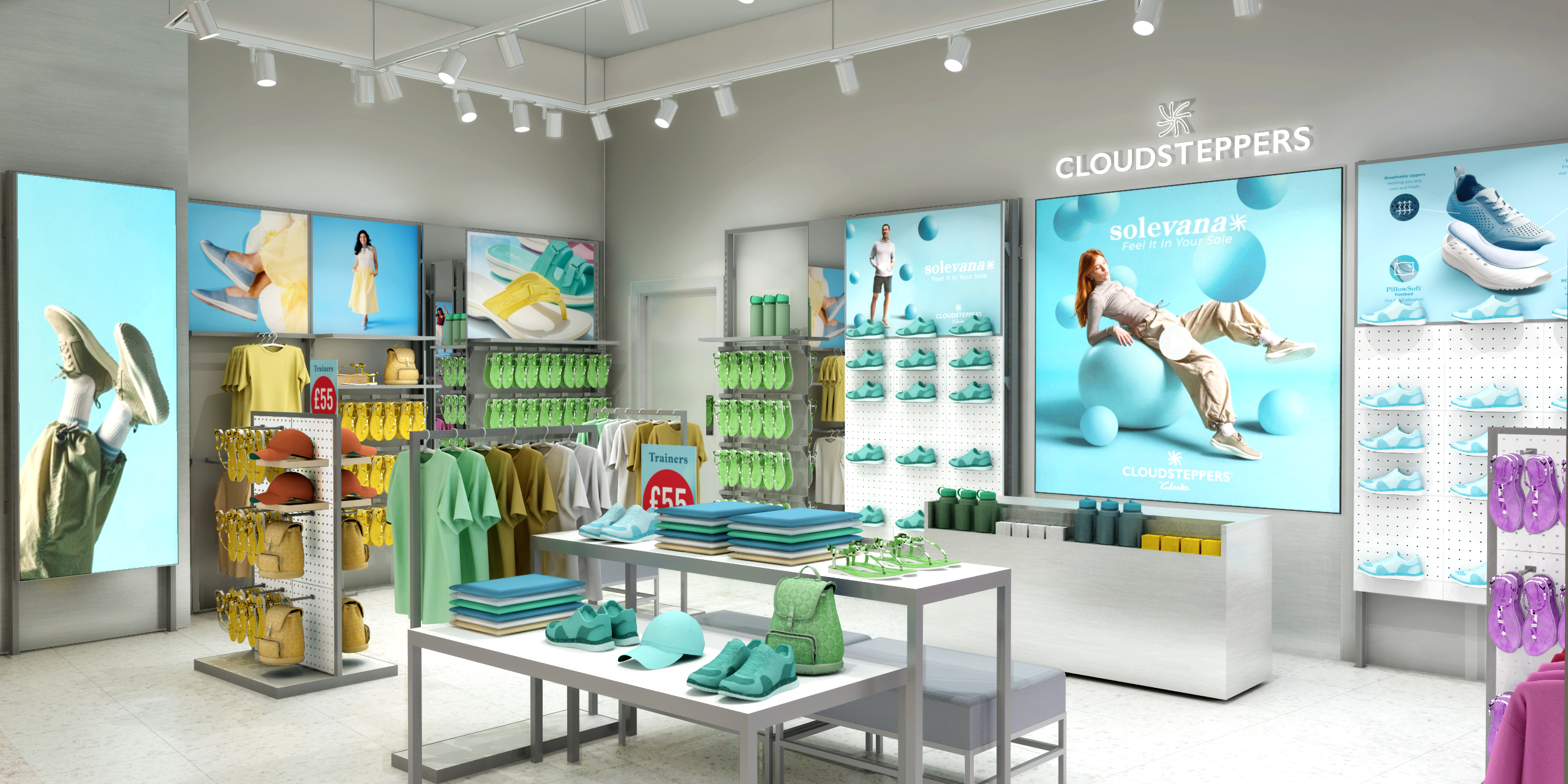 Oblique Clarks Cloudsteppers view testing sightlines and customer flow