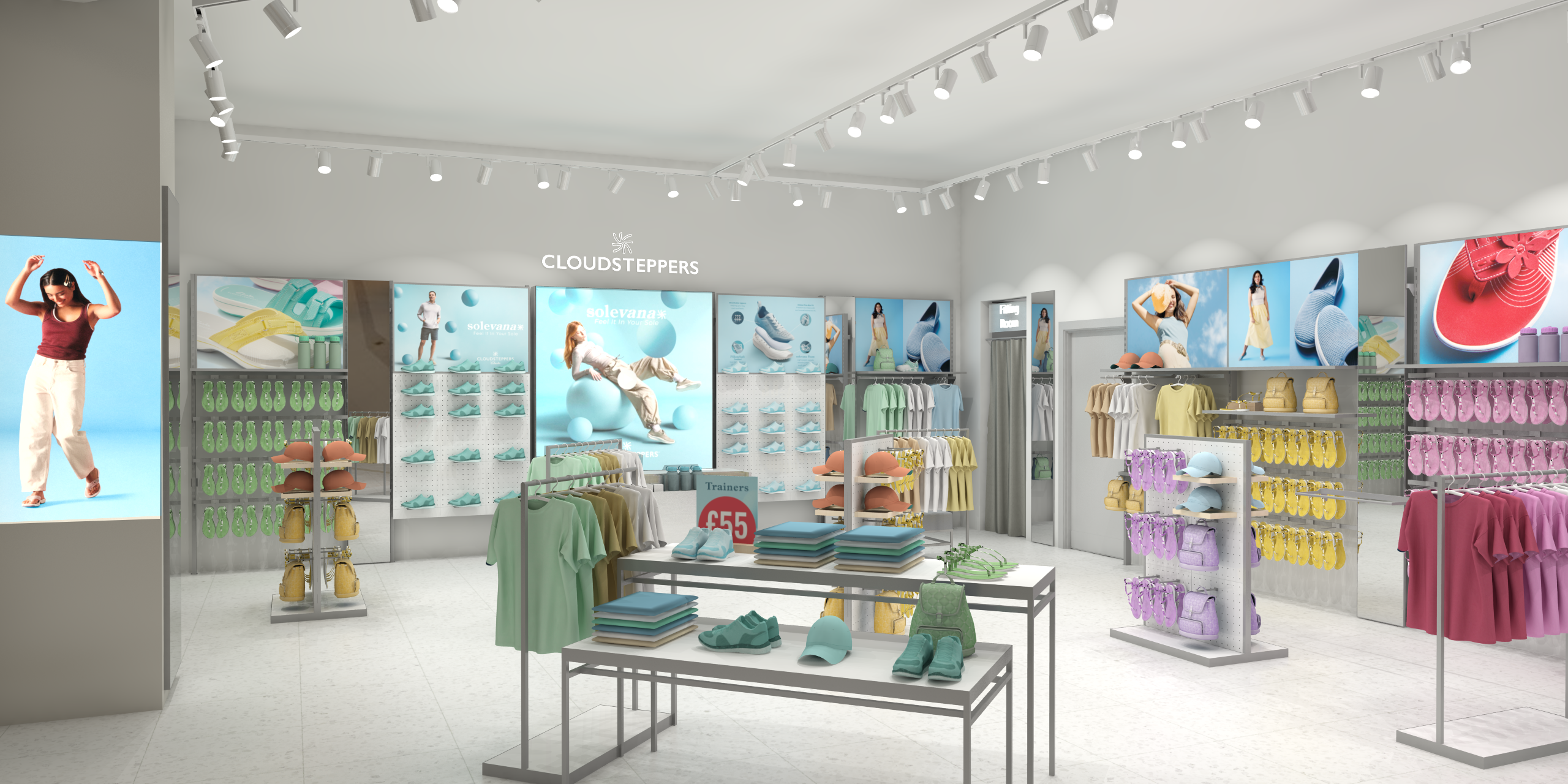 Wide interior system-validation view for the Clarks Cloudsteppers retail concept